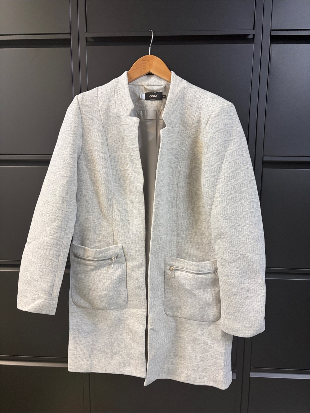 ONLY Light Gray Collarless Long Blazer Coat